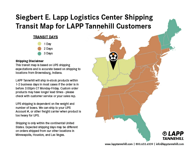 LAPP Logistics Center Shipping Transit Map for LAPP Tannehill Customers
