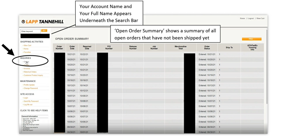 Screenshot of Customer Portal on where to view the 'Open Orders'.