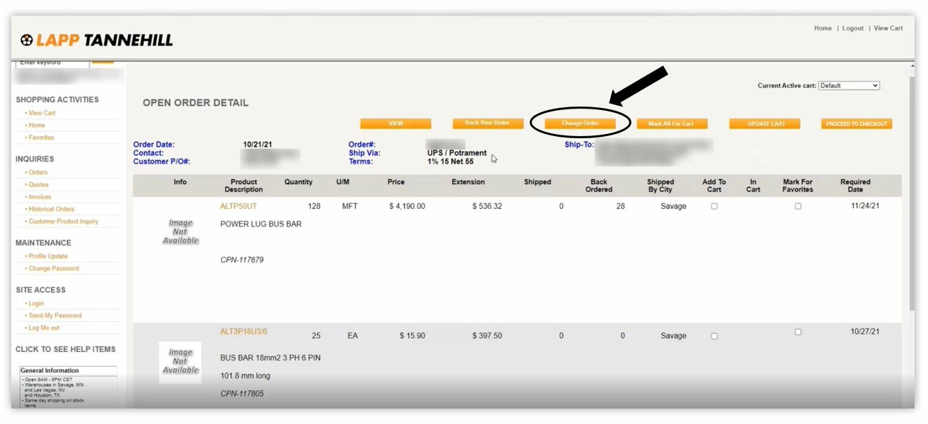Screenshot of Customer Portal on where to view the 'Change Order' button.